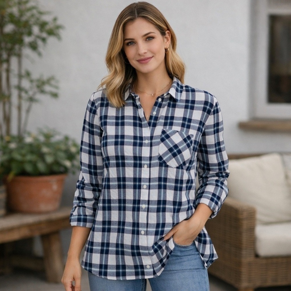 UNTUCKit Womens Sorbo Navy Plaid‎ Button Up Shirt Size 4 Casual Everyday Office